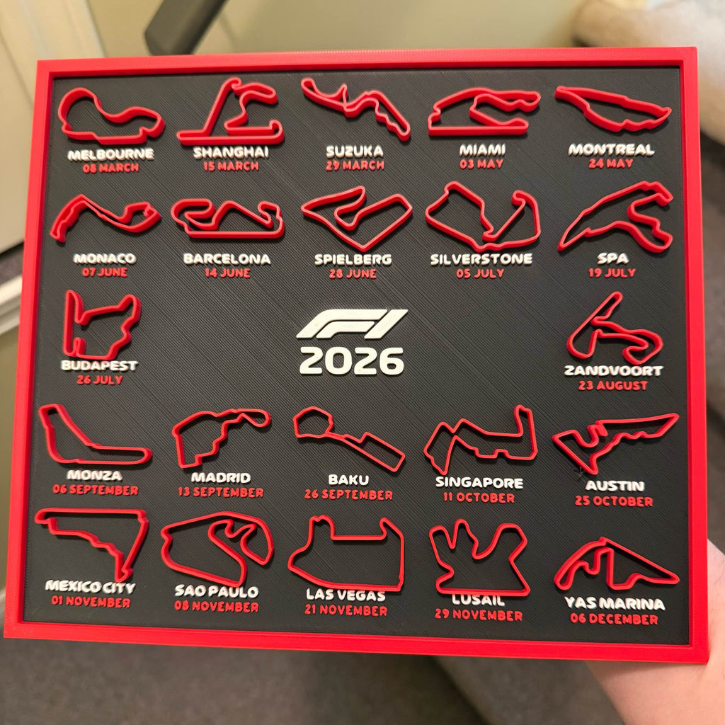 F1 2026 Circuit Calendar – 3D Printed Desk Display for Motorsport Fans