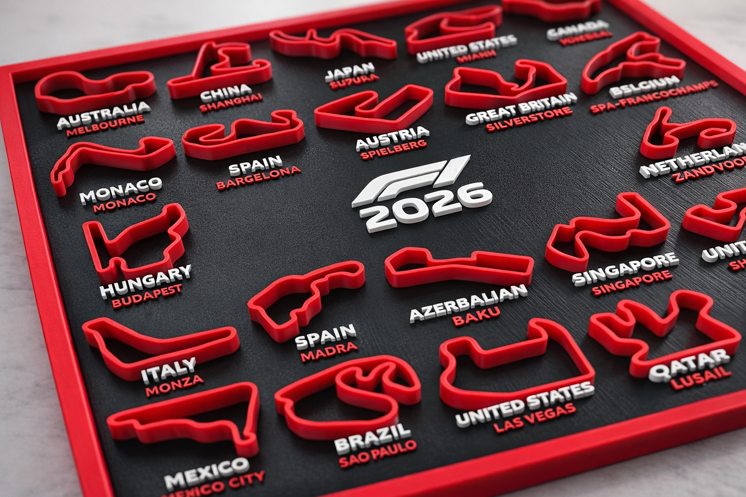 F1 2026 Circuit Calendar – 3D Printed Desk Display for Motorsport Fans