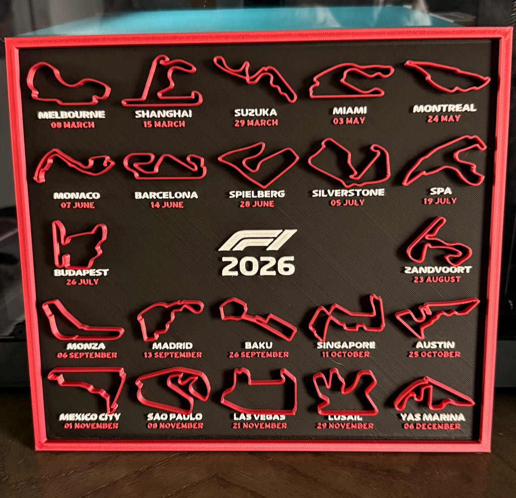 F1 2026 Circuit Calendar – 3D Printed Desk Display for Motorsport Fans