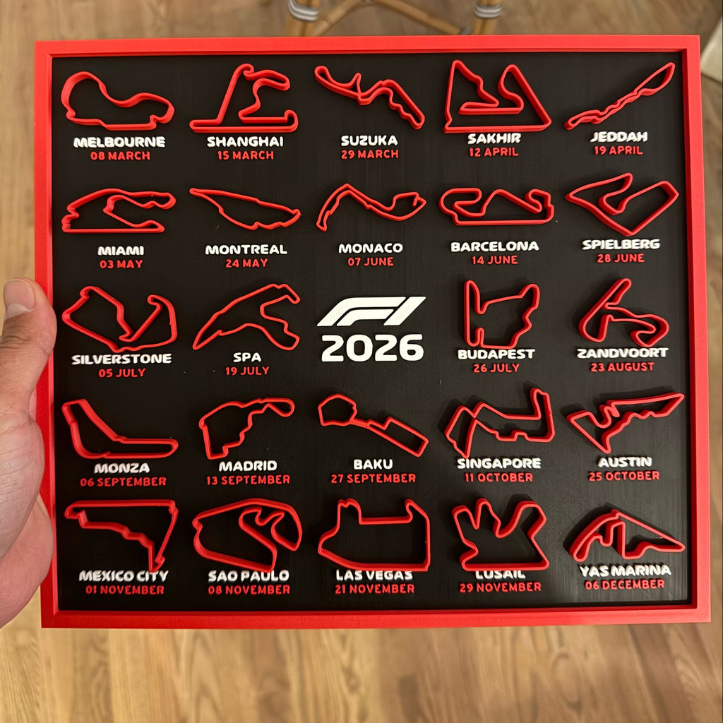 F1 2026 Circuit Calendar – 3D Printed Desk Display for Motorsport Fans