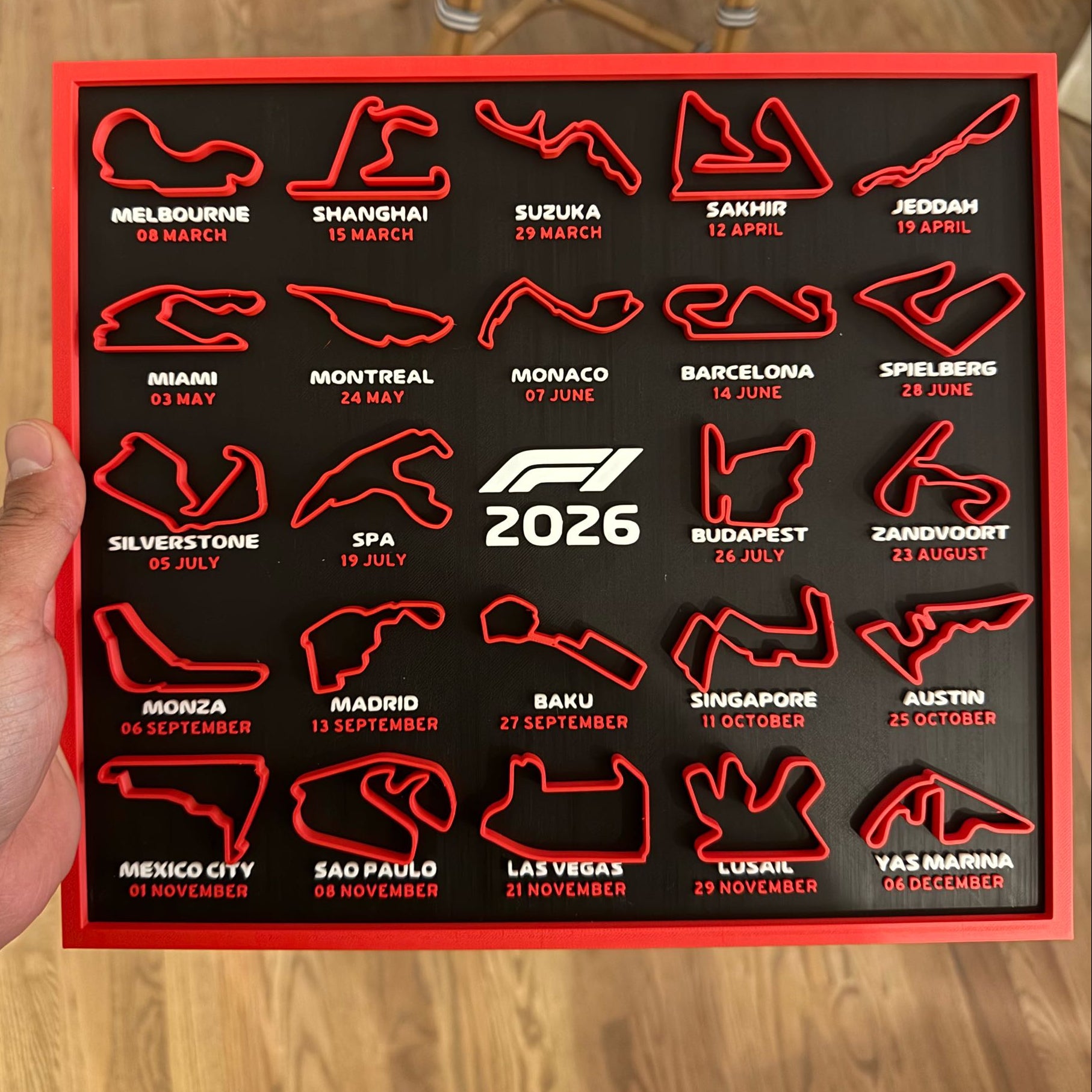 F1 2026 Circuit Calendar – 3D Printed Desk Display for Motorsport Fans